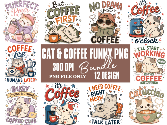 Download Cat &amp; Coffee Funny Hand-drawn PNG Bundle - Fun Collection